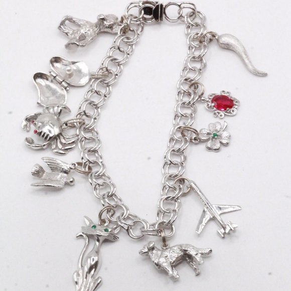 Sterling Silver Heavy 34GPink Synthetic Spinel Topaz Multi Charms Bracelet - Picture 3 of 13